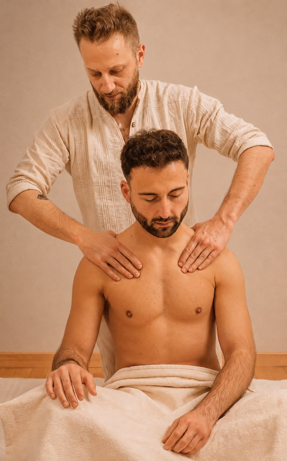 Riccardo Di Pasquale arbeitet mit ruhigen, langsamen Griffen an Schultern und Nacken einer sitzenden Person in seiner Ayurveda-Praxis in Zürich.